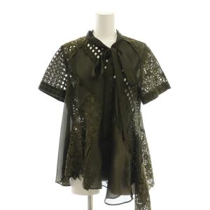 asymmetry mesh blouse ブラウス 切替 半袖 2 カーキ 21-05466 /HK