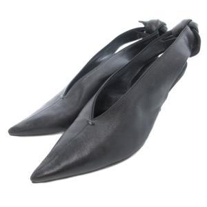 パンプス シューズ レザー ポインテッド Vカット コーンヒール 36.5 黒 ブラック /UO