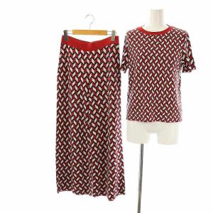 ニット総柄セットアップ 半袖 ワイドパンツ ラメ XS S レッド ホワイト ブラック /ES OS