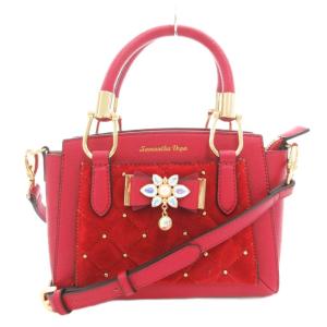 リボン ビジューハンドバッグ ショルダー 2WAY 斜め掛け ポーチ付 切替 レザー キルティング 赤