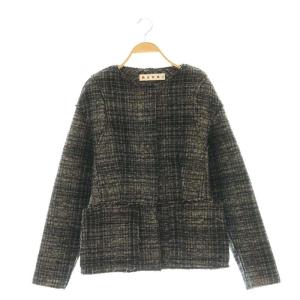 ツイード ノーカラージャケット ウール モヘヤ アルパカ 38 黒 ベージュ /CX OS