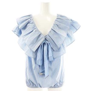 24SS ラッフルギャザーブラウス フレンチスリーブ プルオーバー コットン F 水色 白 /NR OS