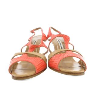 MANOLO BLAHNIK サンダル パイソンレザー ピンヒール 37 コーラル ベージュ /UO