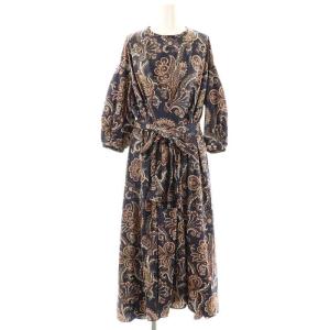 サテン総柄ワンピース ウエストリボン付き 38 紺 マルチカラー /MI OS