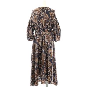 ESTNATION サテン総柄ワンピース ウエストリボン付き 38 紺 マルチカラー /MI OS