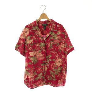 リネン オープンカラー アロハシャツ 半袖 L レッド /DF OS