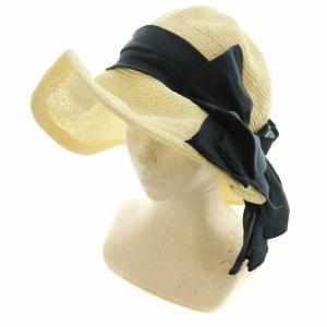 23SS 帽子 ループ付きコマ編みキャペリン ラフィアハット リボン アイボリー 紺 /MI OS