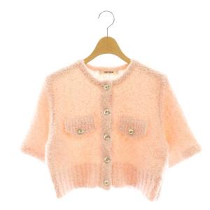 24SS フラッフィーハーフスリーブニットジャケット ノーカラー カーディガン 五分袖 2 ピンク /NR