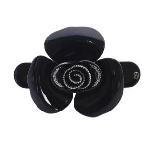 フラワーモチーフ ラインストーン バレッタ ロゴ 黒 ブラック /SR41