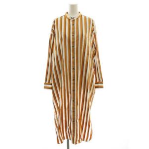 バンドカラースクエアビッグロング シャツワンピース 長袖 ロング ストライプ コットン F 白 オレンジベージュ