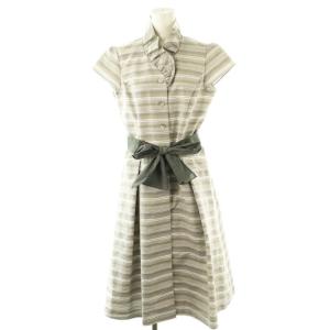 ボーダー柄 フリル シャツワンピース ロング 半袖 40 グレー /HK OS