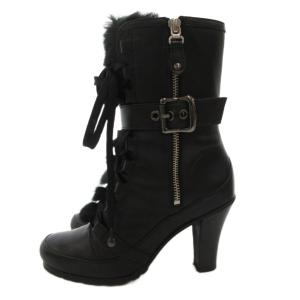 レザー フェイクファー レースアップブーツ ヒール 23cm 黒 ブラック /BS