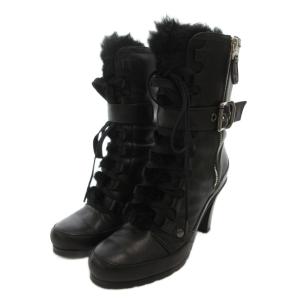 DIANA レザー フェイクファー レースアップブーツ ヒール 23cm 黒 ブラック /BS