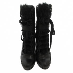 DIANA レザー フェイクファー レースアップブーツ ヒール 23cm 黒 ブラック /BS