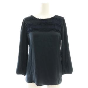 シフォンタックサテンブラウス 七分袖 38 紺 ネイビー /AT OS