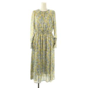 シルエットミニフラワープリントフレア ワンピース 長袖 ロング 花柄 36 白 水色 黄色 /NR OS