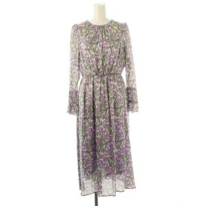 シルエットミニフラワープリントフレア ワンピース 長袖 ロング 花柄 36 白 紫 緑 /NR OS