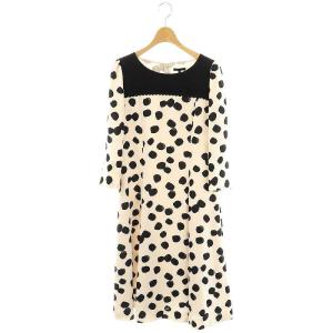 サテン ドット レース ワンピース ミモレ ロング 七分袖 40 アイボリー 黒 ブラック /AT OS