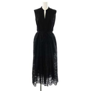 コットンボイルドットヘムラ刺繍ノースリーブドレス ワンピース ブラック