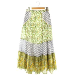 24SS インドパネルプリントトリミング スカート フレア ロング マルチカラー /DF OS