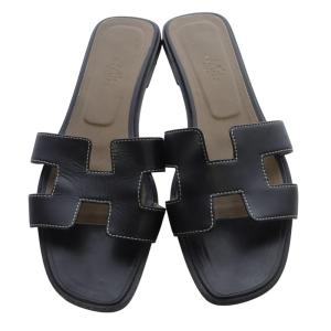 HERMES Oran レザー フラットサンダル 38.5 ブラック 021056Z