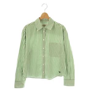 ロゴ刺繍 ストライプシャツ 長袖 スタンドカラー 36 緑 グリーン 白 ホワイト /AT OS