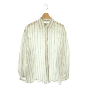 リネン ストライプシャツ 長袖 スタンドカラー 36 白 ホワイト 紺 ネイビー /AT OS