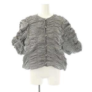 シャーリング 2WAY ブラウス チェック 紺 白 グレー /MI OS