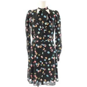 総柄シルクボウタイワンピース ミニ 長袖 0 黒 ブラック /AT OS