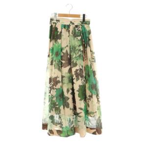 ボタニカルフラワープリントスカート ギャザースカート フレア 1 ベージュ グリーン マルチカラー /ES