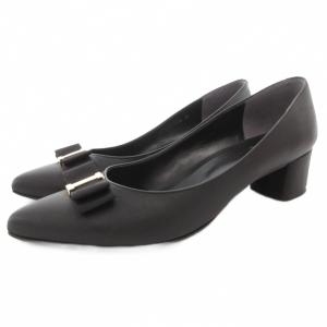オールウェザーパンプス チャンキーヒール ポインテッドトゥ リボン 25cm 黒 ブラック TS14181R