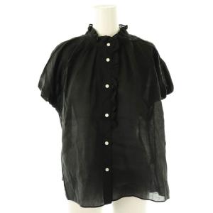 25SS スムースラミー フリルカラーブラウス 半袖 36 ブラック /DF OS