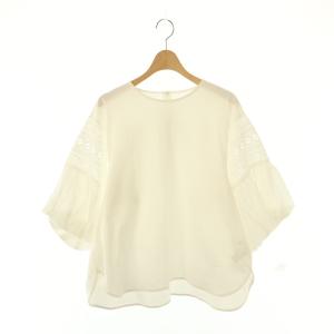 カットワークバルーンスリーブカットソー ブラウス 七分袖 プルオーバー 白 /NR OS