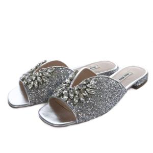 ミュール サンダル フラット クリスタル グリッター 36.5 シルバー色 /YO5