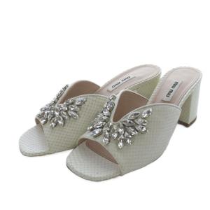 ミュール サンダル チャンキーヒール クリスタル 型押し レザー 35.5 ホワイト /YO28