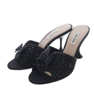 クリスタル ミュール サンダル ピンヒール リボンモチーフ 36 ブラック /YO22