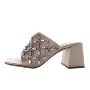 ミュール サンダル チャンキーヒール クリスタル サテン 35.5 ピンク /YO27