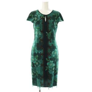 パワーネット 花柄 フレンチスリーブ ワンピース 膝丈 0 緑 /NR OS