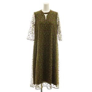 スピンクルフラワー刺繍チュールドレスワンピース M カーキ パープル /ES OS