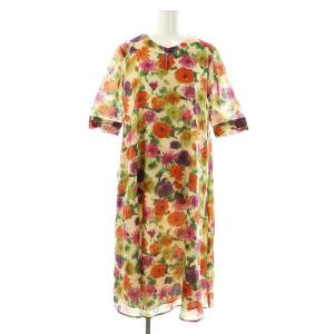 ぼかしフラワープリントドレスワンピース ロング 七分袖 コットン M ベージュ マルチカラー /NR OS