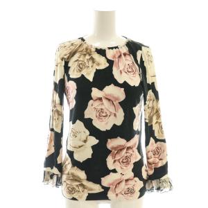 ローズ柄袖フリルシルクニット カットソー 七分袖 ブラック /HK OS