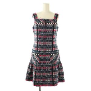 ×TISSUE スタッズビーズ装飾 ツイード ノースリーブワンピース 膝丈 34 ネイビー レッド /HK