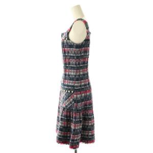 René ×TISSUE スタッズビーズ装飾 ツイード ノースリーブワンピース 膝丈 34 ネイビー レッド /HK