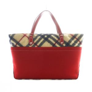 BURBERRY BLUE LABEL トートバッグ ウール ノバチェック柄 ミニポーチ付 赤 レッド ベージュ 黒 ブラック /RI OS