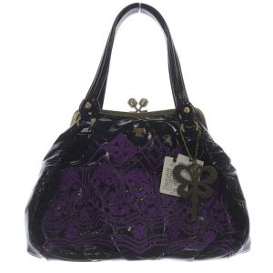 がま口 エナメル 蝶チャーム ハンドバッグ ロゴ 黒 ブラック 紫 パープル /SR56