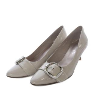 晴れ雨兼用 バックルパンプス ハイヒール ラウンドトゥ エナメルレザー 24cm ライトグレー 240205