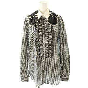 ギンガムチェック 襟スパンコール シャツ 長袖 38 黒 ブラック 白 ホワイト /AT OS