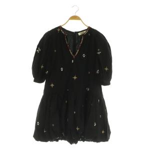 刺繍 装飾 バルーンショートワンピース ミニ 七分袖 S ブラック /MY OS