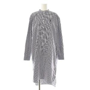 バンドカラー ストライプ柄 シャツワンピース ミモレ ロング 0 白 ホワイト 紺 ネイビー /AT OS