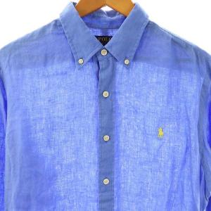 POLO RALPH LAUREN リネンボタンダウンシャツ ロングスリーブ L 青 ブルー /AT OS SH